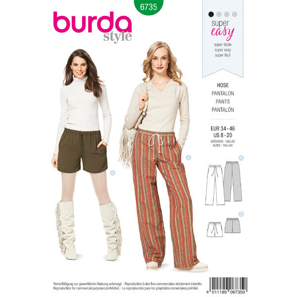 Burda 6735 - Bukse & Shorts EUR: 34-46, US: 8-20