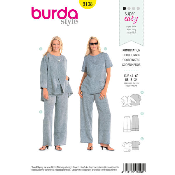 Burda 8108 - Topp og bukse EUR: 44-60, US:18-34