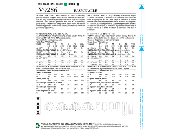 Vogue 9286 - Overdeler, skjørt og bukse.