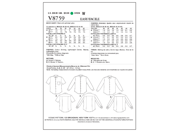Vogue 8759 - Herreskjorte.