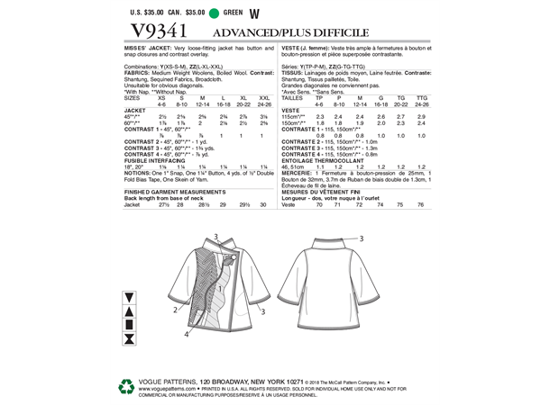 Vogue 9341 - Jakke med applikasjoner Y (XS-S-M)