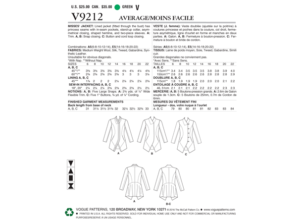 Vogue 9212 - Jakke A5 (6-8-10-12-14)