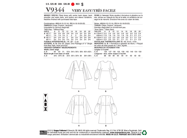 Vogue 9344 -  Kjole med langer ermer.