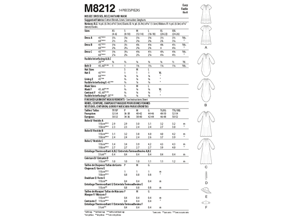 McCall's 8212 - Kjole, hatt, maske Y (XS-S-M)
