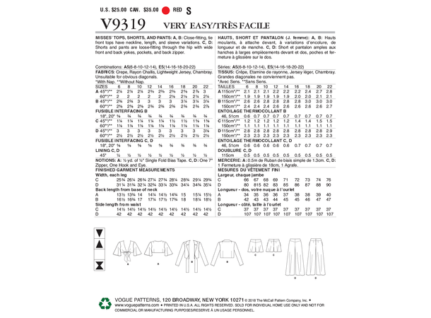 Vogue 9319 - Knytetopp, shorts og vide bukser.