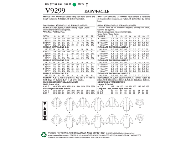 Vogue 9299 - Skjorte og skjortekjole.