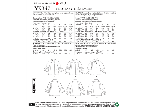 Vogue 9347 - Tynn jakke Y (SML-MED-LRG)