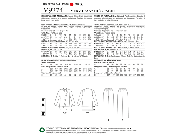 Vogue 9274 - Asymmetrisk jakke med bukse A5 (6-8-10-12-14)