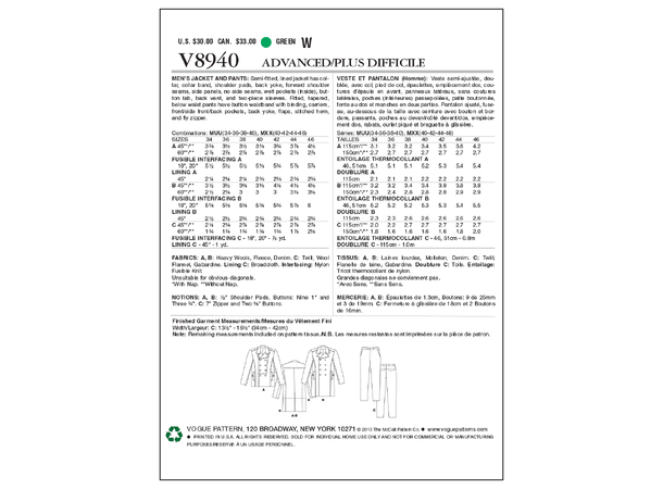 Vogue 8940 - Frakk og bukse til herre.