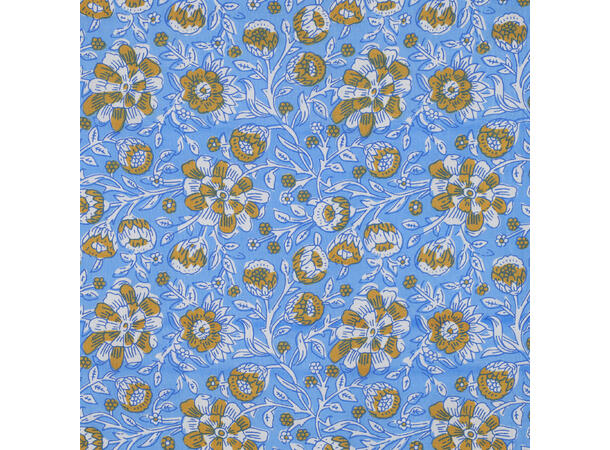 Blokktrykk, bomull Blå med blomster 