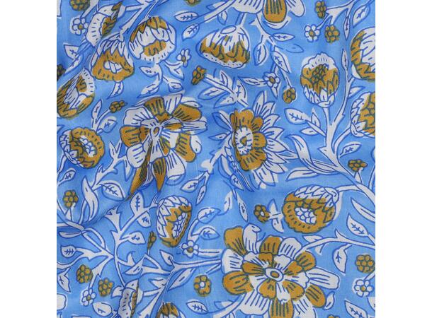 Blokktrykk, bomull Blå med blomster 