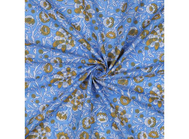 Blokktrykk, bomull Blå med blomster 