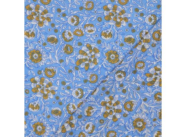 Blokktrykk, bomull Blå med blomster 