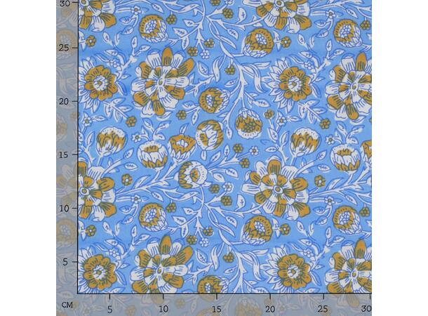Blokktrykk, bomull Blå med blomster 