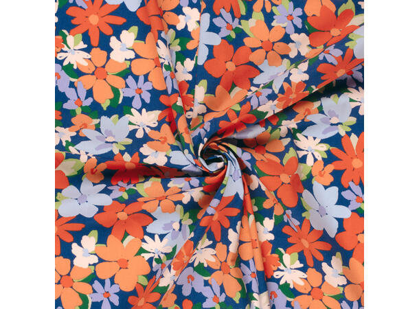 Bomull sateng Flowers Cobolt