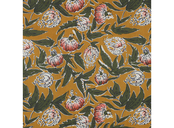 Blokktrykk, bomull Oker med blomster 