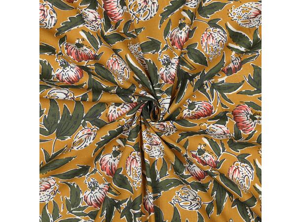 Blokktrykk, bomull Oker med blomster 