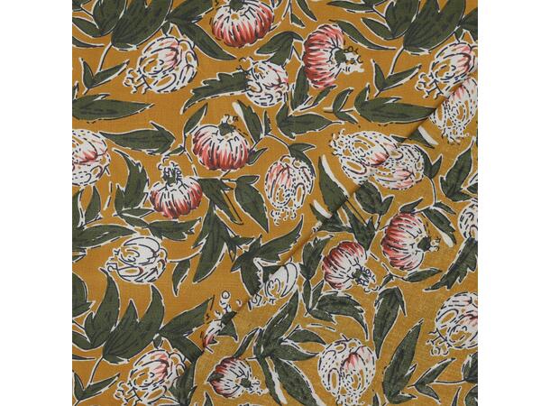 Blokktrykk, bomull Oker med blomster 