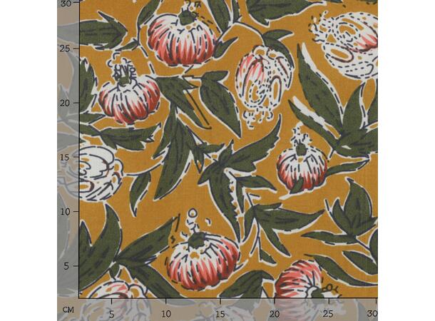 Blokktrykk, bomull Oker med blomster 