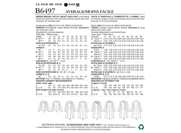 Butterick 6497 - Jakke og Kåpe til dame.