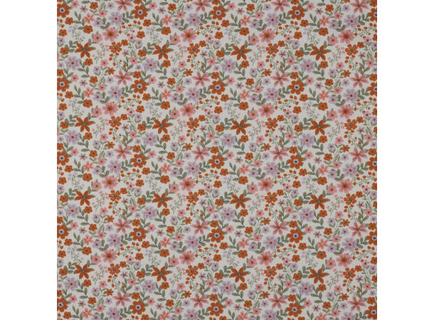 Poplin, blomster Blomster i rosa og rust på hvit bunn 