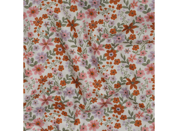 Poplin, blomster Blomster i rosa og rust på hvit bunn 