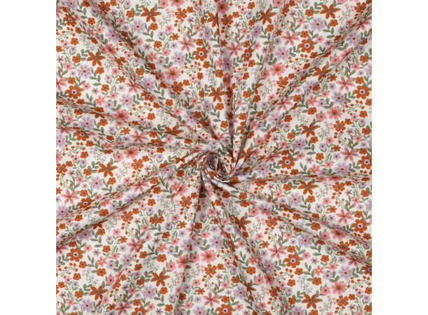 Poplin, blomster Blomster i rosa og rust på hvit bunn 