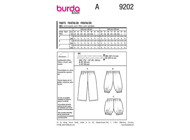 Burda 9202 - Bukse og shorts til baby.