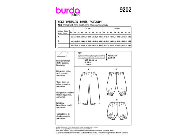 Burda 9202 - Bukse og shorts til baby.