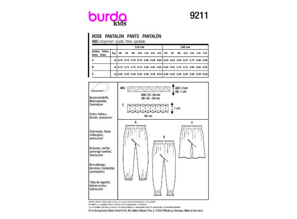 Burda 9211 - Bukse og shorts til barn.
