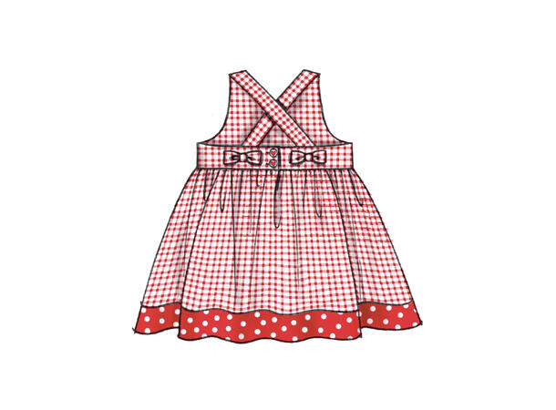 McCall's 8519 - Kjole, romper, bleiebukse og lue til baby.