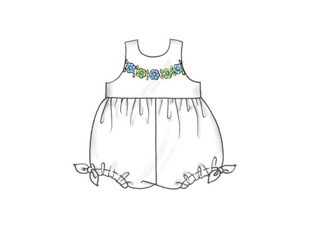 McCall's 8519 - Kjole, romper, bleiebukse og lue til baby.