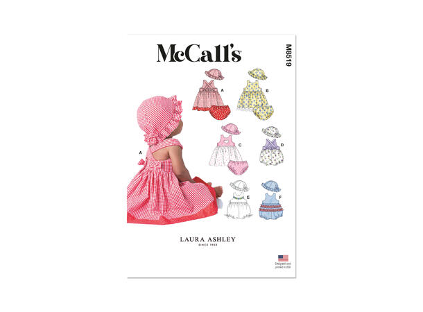 McCall's 8519 - Kjole, romper, bleiebukse og lue til baby.