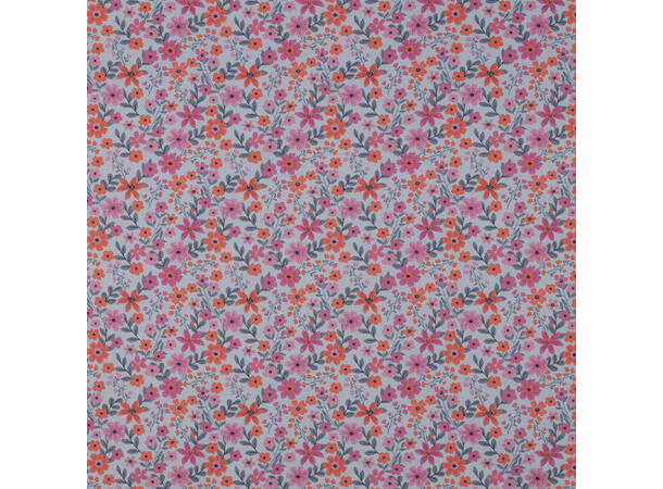 Poplin, blomster Blomster i rosa/orange på lyseblå bunn 