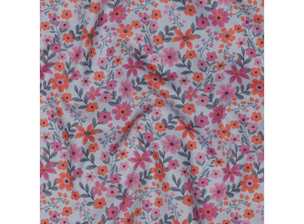 Poplin, blomster Blomster i rosa/orange på lyseblå bunn 