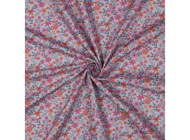 Poplin, blomster Blomster i rosa/orange på lyseblå bunn 