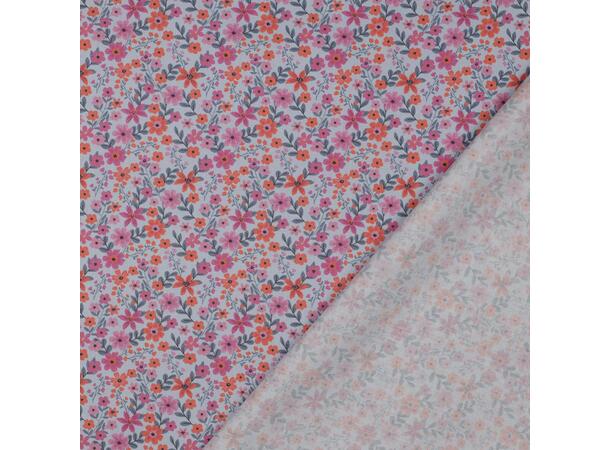 Poplin, blomster Blomster i rosa/orange på lyseblå bunn 