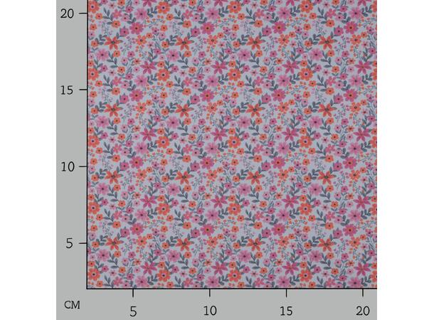 Poplin, blomster Blomster i rosa/orange på lyseblå bunn 