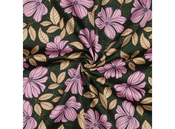 Bomull sateng Blomster - mørk grønn